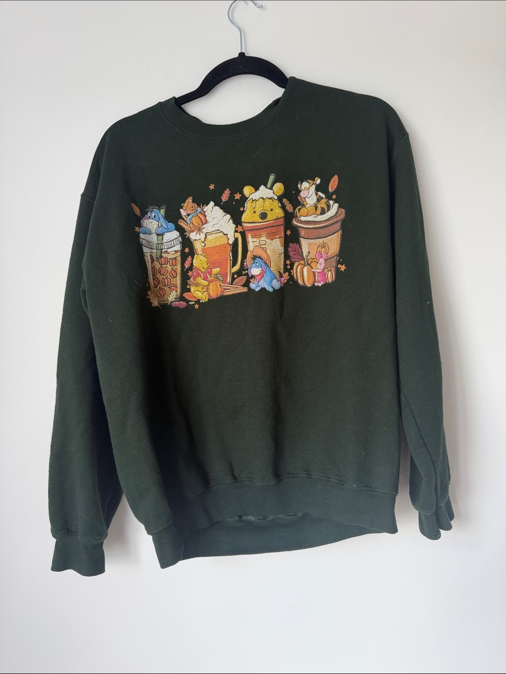 Gildan Dark Green Crewneck Sweatshirt with Cartoon Beverage Graphic